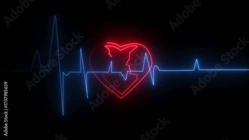 heartbeat line 4k neon light heartbeat display screen medical research show sign. Glowing neon heart cardiogram line. Electrocardiogram show heart beat line.