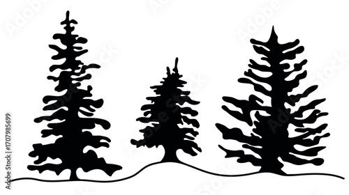silhouette of forest winter trees. Evergreen coniferous nature. Pine, spruce, tree in the style of one line. holiday elements isolated on a white background. for print, postcard, banner. vector art  