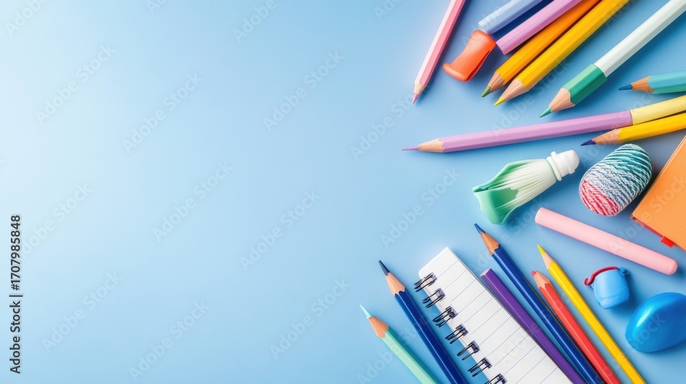 Fototapeta premium Colorful pencils on blue background with eraser and blank paper for art and creativity concepts