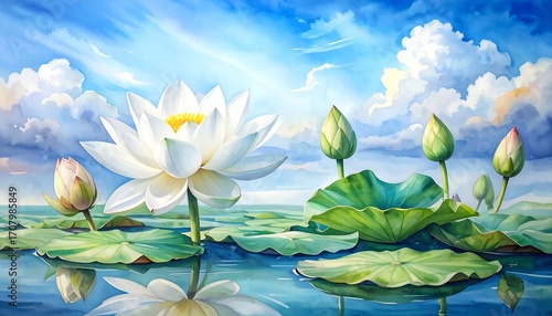 A serene painting showcases a white lotus flower blooming amongst lily pads in a tranquil pond under a blue, cloudy sky