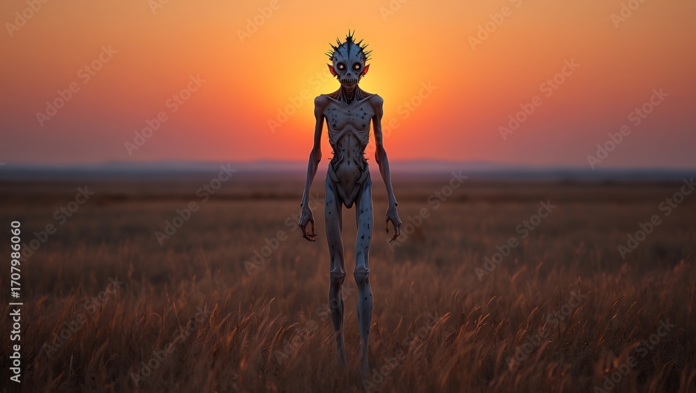Fototapeta premium Creepy creature in field under sunset horror concept