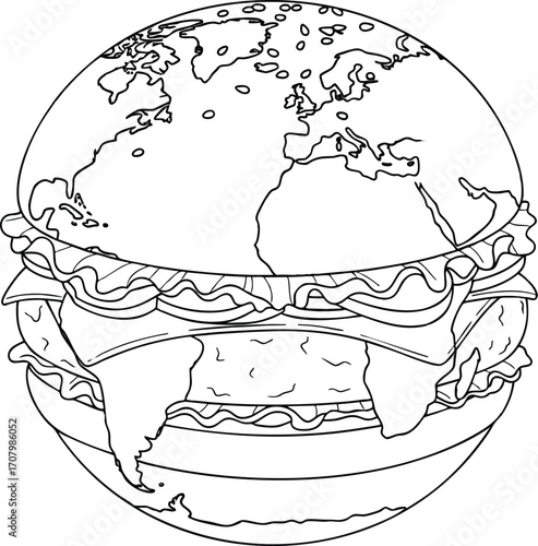 Conceptual line art of planet Earth as a hamburger, symbolizing global consumption and the fast food industry's impact
