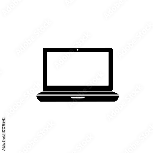 Minimalist laptop vector icon in a flat design style. Black silhouette of a portable computer device with a blank screen, isolated on a white background