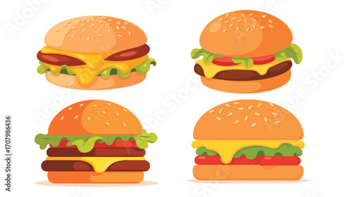 Burger Temptations: A mouthwatering set of burgers, each stacked with fresh ingredients and bursting with flavor, inviting viewers to indulge in a classic comfort food experience.