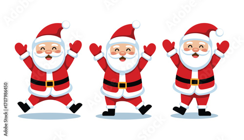 Jolly Christmas Moments: A sequence of three joyful Santa Claus figures in various poses, illustrating the spirit of happiness and festive celebration during Christmas.