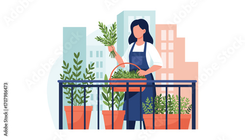 Urban Gardener: A woman tends to her flourishing rooftop garden, holding fresh herbs in hand, amidst the backdrop of a modern city skyline.