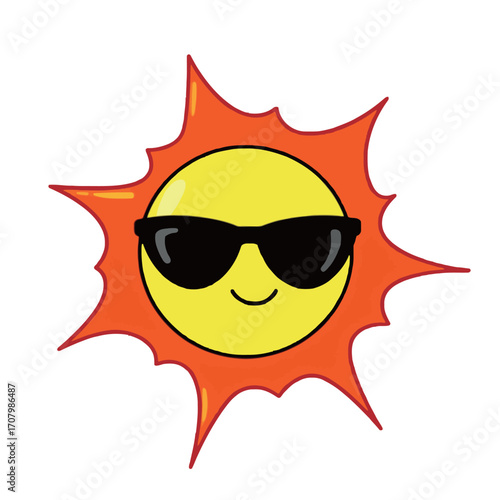 A fun and cool cartoon vector of a smiling yellow sun wearing black sunglasses, representing summer, vacation, happiness, and sunny weather.