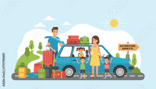 Family Adventure Road Trip: a family standing beside their car full of luggage, ready for a road trip adventure, evokes a sense of journey and discovery.