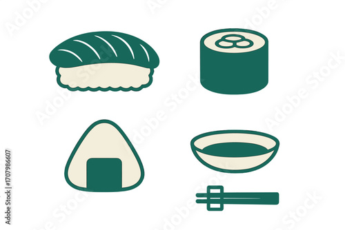 Stylized collection of traditional Japanese food items including sushi, onigiri, soy sauce, and chopsticks for Asian cuisine design elements