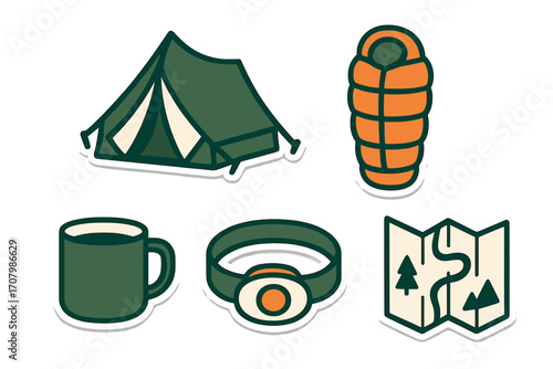 Essential camping and outdoor adventure equipment set featuring a tent sleeping bag mug headlamp and map