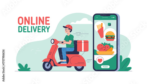 Digital Delivery Delight: A delivery person speeds along on a classic scooter, poised to swiftly deliver online orders from a mobile phone app in an illustrative style. The scene is set with fresh.