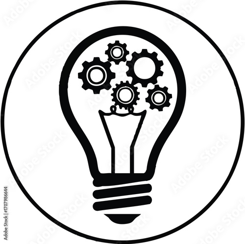 Illustrative concept of innovative thought and idea generation process, featuring a light bulb with internal gears symbolizing creative problem-solving and mechanical intelligence