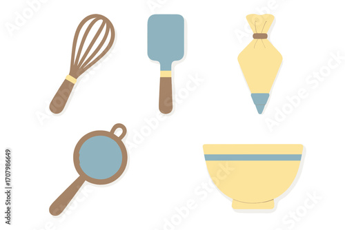 Essential kitchen baking and cooking utensils set including whisk, spatula, piping bag, sieve, and mixing bowl for culinary arts