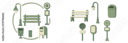 Collection of urban street furniture and public utility elements including benches, lampposts, trash cans, and various signs