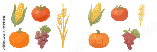 Vibrant autumn harvest collection with fresh corn, ripe tomatoes, orange pumpkins, red grapes, and golden wheat