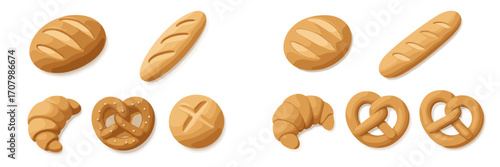 Delicious assortment of freshly baked bread, long baguettes, flaky croissants, and traditional pretzels