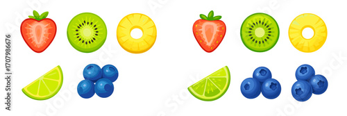 Assortment of fresh sliced and whole fruits including strawberry, kiwi, pineapple, lime, and blueberries
