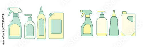 Assortment of household cleaning product containers including spray bottles, pump dispensers, squeeze bottles, and large jugs