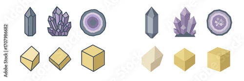 Stylized collection of various crystals, mineral formations, and fundamental geometric shapes with clean lines and flat colors