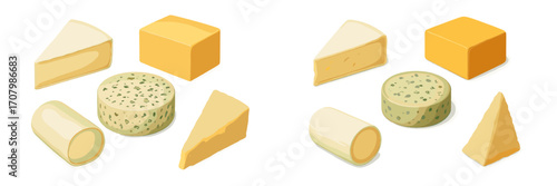 Delicious assortment of various cheese types including brie, cheddar, blue, goat, and parmesan on a clean white background