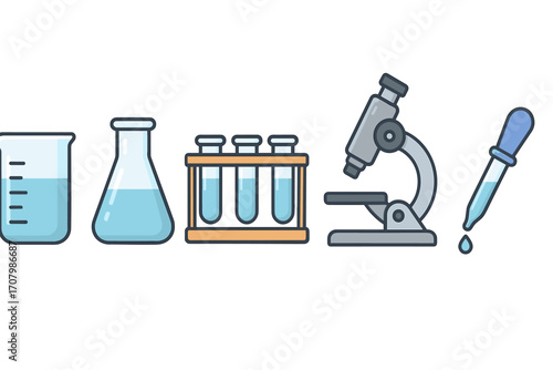 Laboratory equipment set for science research with beaker, flask, test tubes, microscope, dropper