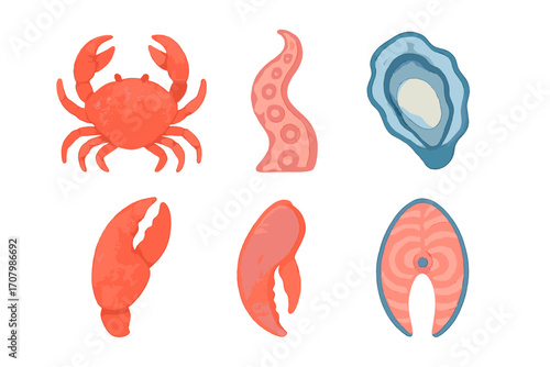 Assortment of fresh seafood featuring crab, octopus tentacle, oyster, lobster claw, and salmon steak