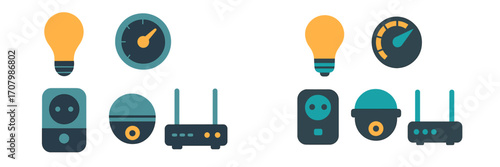 Collection of smart home technology icons featuring light bulb, energy meter, power outlet, security camera, and wireless router