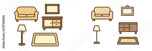 Collection of home furniture and decor icons including sofa, lamp, cabinet, picture frame, and rug