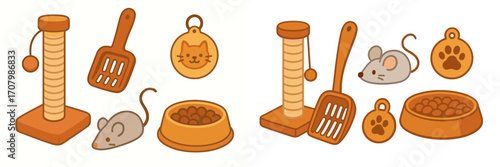 Collection of essential pet accessories for cats including scratching post, litter scoop, food bowl, and toy mouse