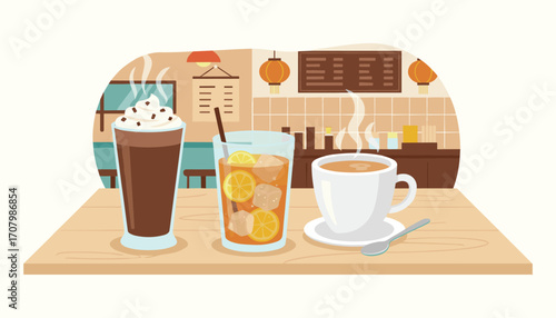 A Trio of Refreshment: An inviting depiction of three refreshing beverages in a charming café setting, each promising a moment of pure delight.