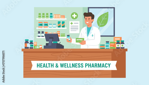 Health and Wellness Pharmacy: A smiling pharmacist stands behind a counter filled with medicine, providing healthcare service in an environment designed for optimal wellness.