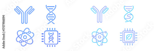 Scientific and technological line icons collection featuring DNA, antibody, atom, and microchip symbols for biology, genetics, and innovation