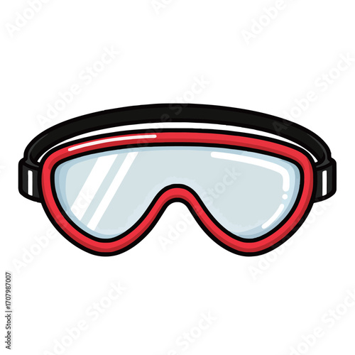A detailed cartoon vector illustration of red and black ski or swim goggles with a clear lens and a strap, representing winter sports, eye protection, and outdoor activities.