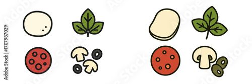 Assortment of fresh pizza ingredients including dough, pepperoni, mushrooms, olives, and basil leaves