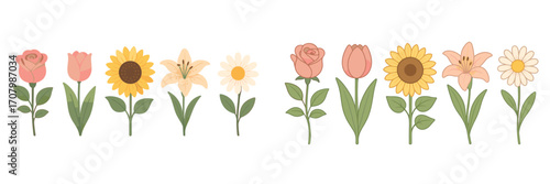 Assortment of blooming garden flowers including pink roses, orange tulips, yellow sunflowers, light orange lilies, and white daisies with green stems