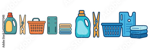 Laundry day essentials collection with detergent, clothespins, baskets, ironing board, and folded towels for household chores
