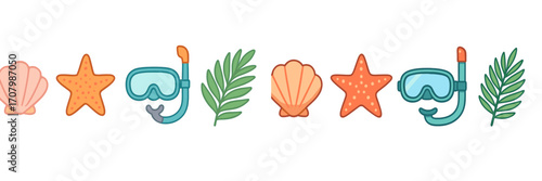Vibrant summer beach vacation elements with seashells starfish snorkeling mask and tropical palm leaves on sand