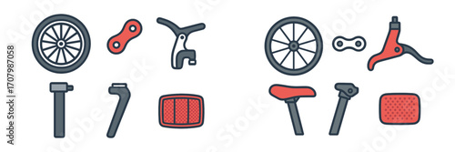 Collection of essential bicycle parts and accessories including wheels, brakes, chains, seats, pumps, and reflectors for cycling and maintenance