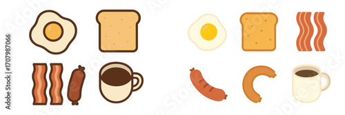 Assortment of classic breakfast food icons featuring fried eggs, golden toast, crispy bacon, savory sausages, and a steaming cup of coffee
