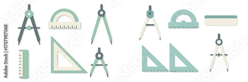 Collection of essential geometric drawing instruments including compasses protractors rulers and set squares for technical design