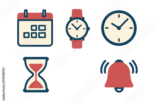 Time management and scheduling icons set with calendar, clock, wristwatch, hourglass, and alarm bell for productivity and organization