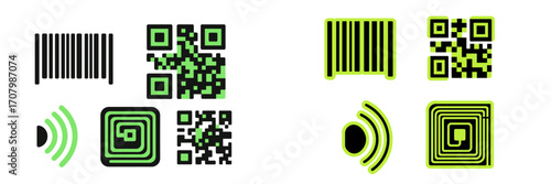Collection of modern barcode, QR code, and wireless signal icons for digital identification and data scanning