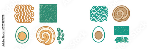 Stylized ramen noodle soup ingredients collection featuring eggs, seaweed, narutomaki, and green onions