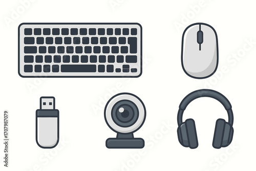Essential computer hardware accessories including a keyboard, mouse, webcam, USB flash drive, and headphones