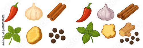 Assortment of fresh aromatic cooking spices and herbs including chili, garlic, ginger, basil, cinnamon, and black peppercorns