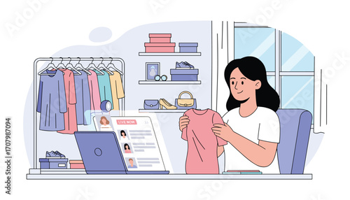 Fashionable Endeavor: A vibrant depiction showcases a woman deeply engaged in the fashion retail, meticulously examining a garment while managing her online shop.