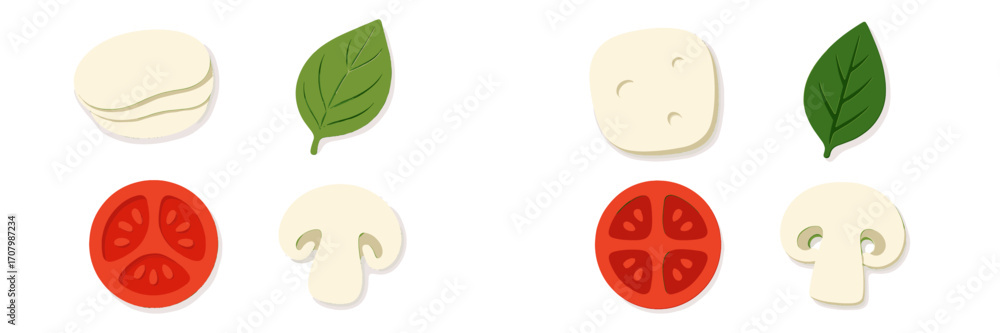 Fototapeta premium Fresh pizza ingredients set with dough, basil, mozzarella, tomato, and mushroom slices in a modern paper cut style
