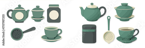 Contemporary flat design collection of tea ceremony essentials, featuring teapots, cups, and strainers for a modern aesthetic
