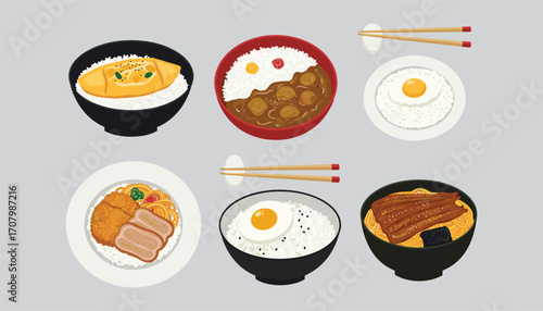 Diverse Japanese Rice Dishes: A visual feast of beautifully presented Japanese rice dishes, each bowl showcasing a variety of flavors and textures.