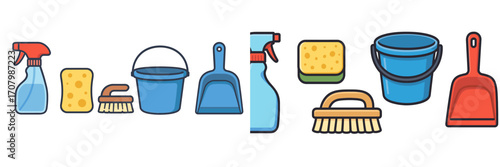 Assortment of essential cleaning supplies including spray bottles, sponges, brushes, buckets, and dustpans for household hygiene
